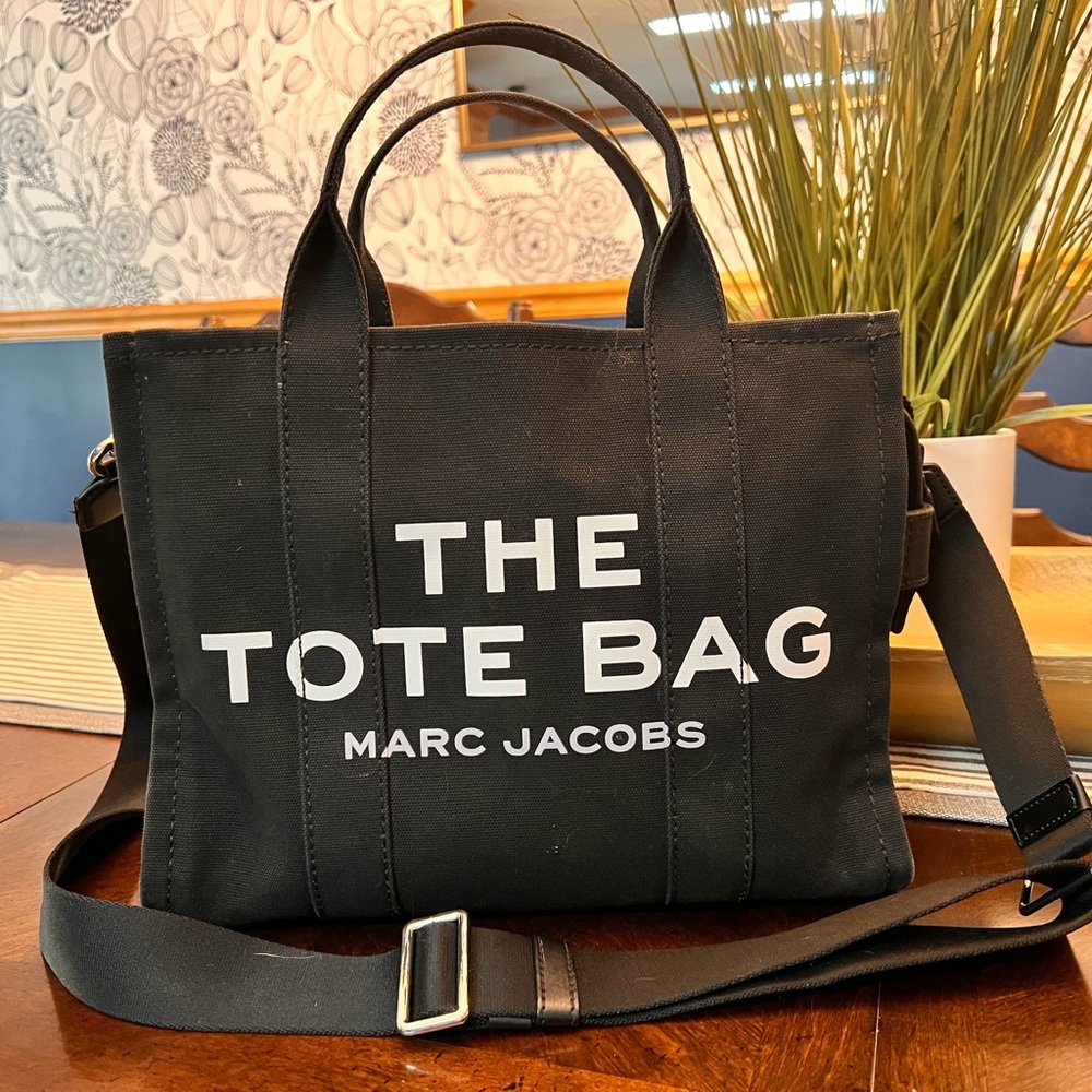 Marc Jacobs Black Canvas The Tote Bag with White Logo